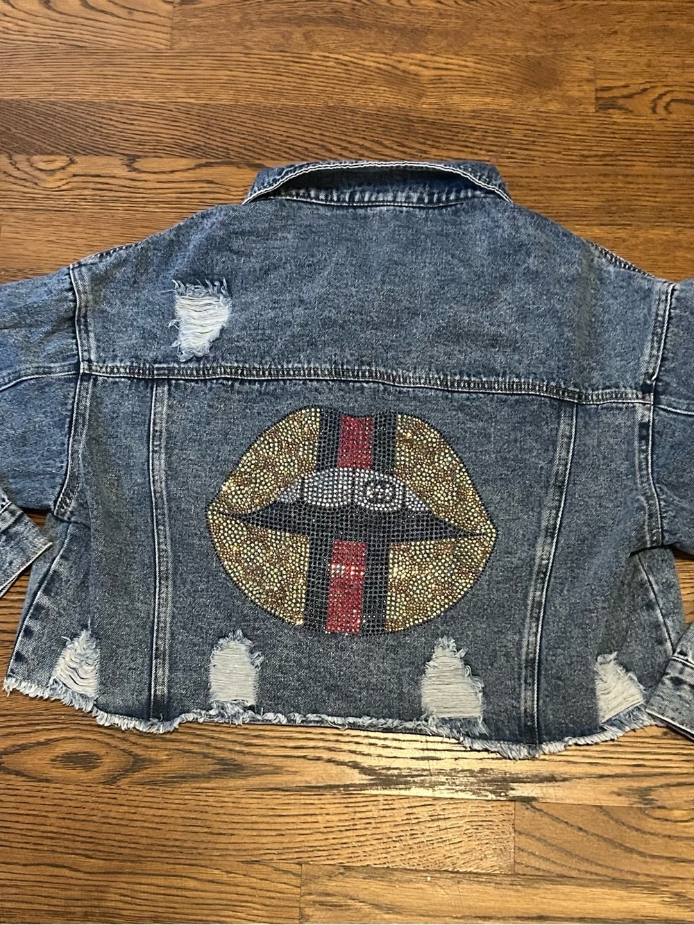 Custom Distressed Blue Jean Jacket w Gucci likeRhinestone lips by xoxo